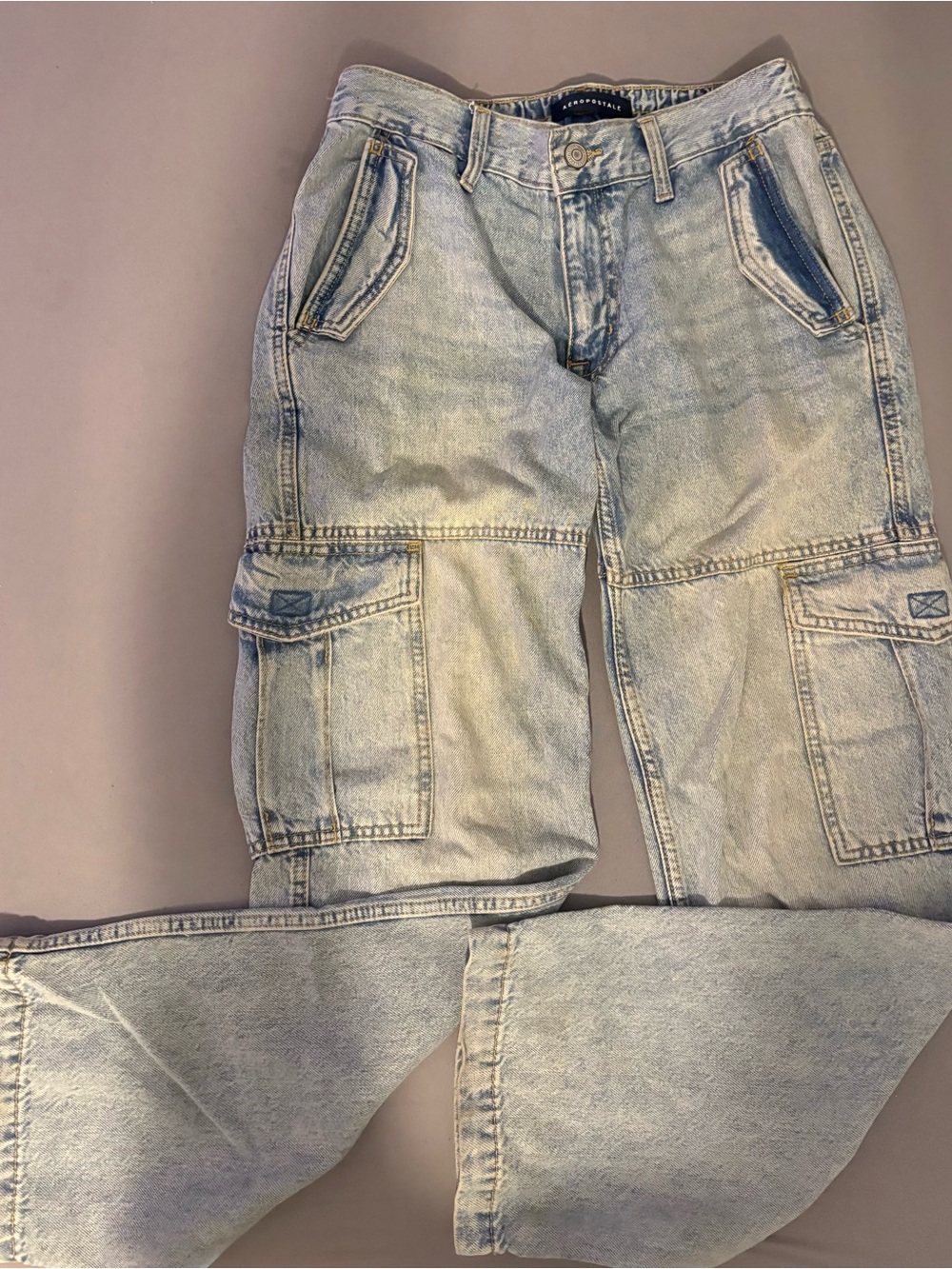 Aeropostale Low Rise Cargo Jeans Size S Light Acid Wash Y2K Style 100% Cotton